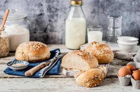 White Bread Buns with Rolled Oats Stock Photos