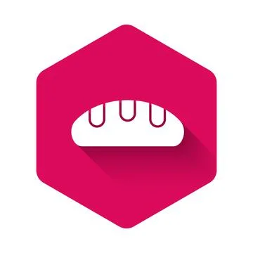 White Bread loaf icon isolated with long shadow. Pink hexagon button. Vector 스톡 일러스트