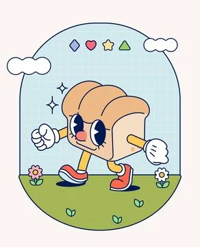 White bread old retro character mascot vintage trendy hand draw funny doodle Stock Illustration