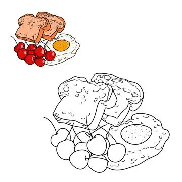 A white bread toast and fried eggs with cherries fruit for breakfast. healthy an Stock Illustration