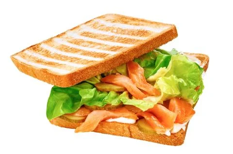 White bread toast sandwich with red fish salmon and fresh vegetables Stock Photos