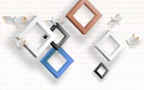 White brick background, diamond-shaped frames, white flying pigeons Stock Illustration