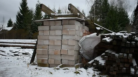 White brick pallet in building materials warehouse, low angle Stock Footage 122008978