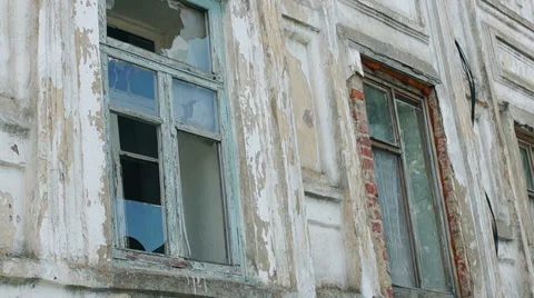 White brick wall of the building, broken Windows Video stock 57324841