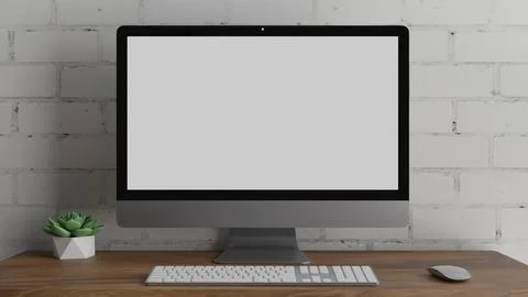 White Brick Wall Desk Computer Screen Website Digital Branding Mockup Stock Photos