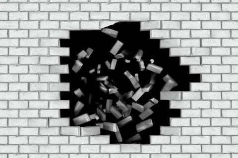 White brick wall falling down making a hole. Black background Illustrazione stock