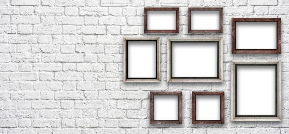 White brick wall with a frame to insert pictures and text Stock Photos
