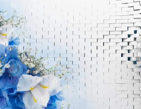 White brick wall, small white flowers on a branch and large irises Stock Illustration