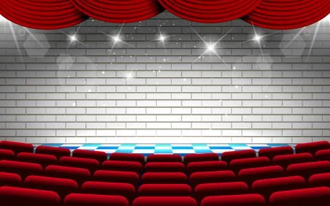 White brick wall on the stage with red chairs in the hall Stock Illustration