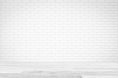 White Brick Wall Texture with white wooden table , Empty Abstract Background for Stock Photos