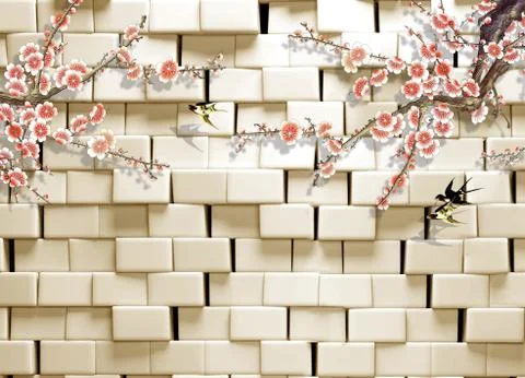 White brick wall with warm lighting, two flowering branches, three flying birds Stock Illustration
