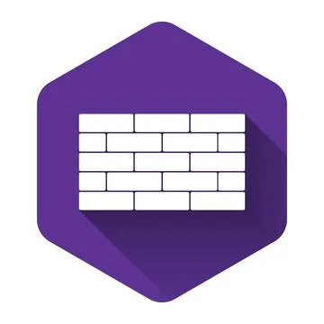 White Bricks icon isolated with long shadow. Purple hexagon button. Vector Stock Illustration