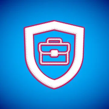 White Briefcase with shield icon isolated on blue background. Insurance concept Illustration