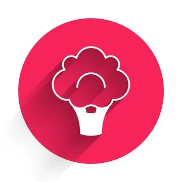 White Broccoli icon isolated with long shadow background. Red circle button Stock Illustration