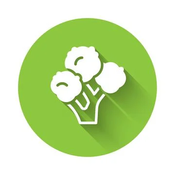 White Broccoli icon isolated with long shadow background. Green circle button Stock Illustration