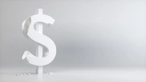 White Broken Dollar Sign on a Gray Studio Background. Business Concept. Illustrazione stock