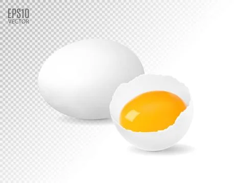 White broken egg with flowing yolk and whole egg on transparent background Illustrazione stock