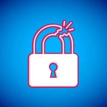 White Broken or cracked lock icon isolated on blue background. Unlock sign Stock Illustration