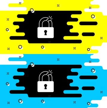 White Broken or cracked lock icon isolated on black background. Unlock sign Stock Illustration