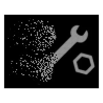 White Broken Pixel Halftone Wrench And Nuts Icon Stock Illustration