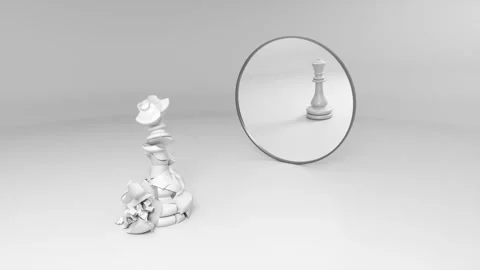 White broken queen sees his whole reflection Stock Footage 106341409