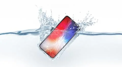 White broken smartphone mock up fall in water, 3d rendering Illustrazione stock