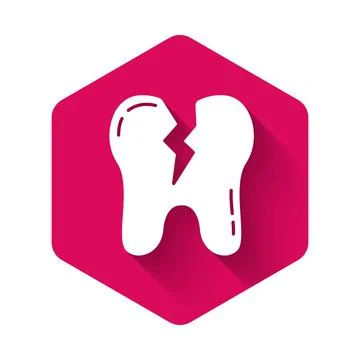 White Broken tooth icon isolated with long shadow. Dental problem icon. Dental イラスト素材