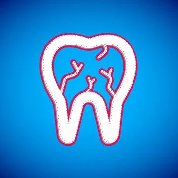 White Broken tooth icon isolated on blue background. Dental problem icon. Den Stockillustratie