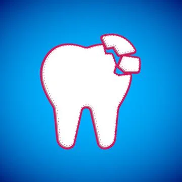 White Broken tooth icon isolated on blue background. Dental problem icon. Den Stockillustratie