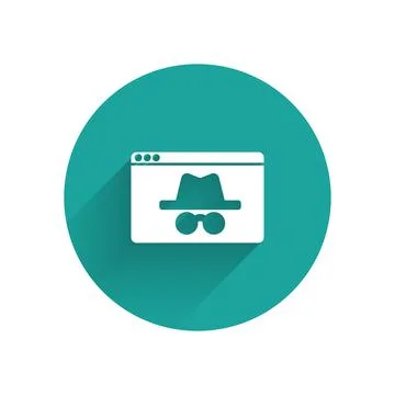 White Browser incognito window icon isolated with long shadow. Green circle Stock Illustration