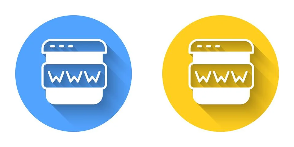 White Browser window icon isolated with long shadow background. Circle button Stockillustratie
