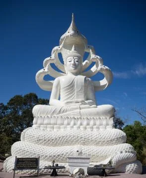 White Buddha Statue with Naga Seven Heads on Blue Sky Background Stock Photos