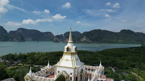 White Buddhist Temple Overlooking Phang Nga Bay in Krabi, Thailand Stock Footage 335255426