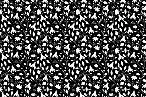 White bug and flower shape. White insects shapes pattern on a black backgroun Illustrazione stock