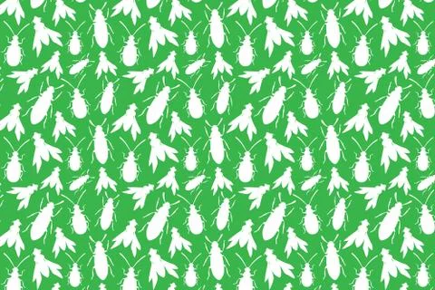 White bug shape. White insects shapes pattern on a green background. Illustrazione stock