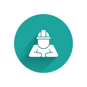 White Builder icon isolated with long shadow. Construction worker. Green circle Stock Illustration