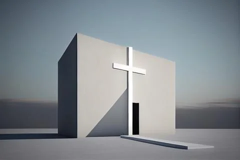 A white building with a cross on the front of it and a sky background behin.. Ilustración de archivo