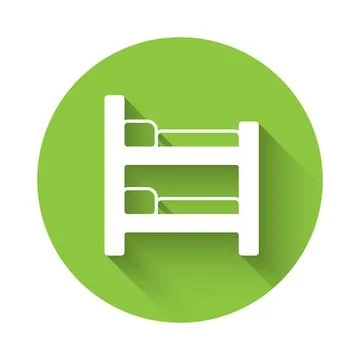 White Bunk bed icon isolated with long shadow background. Green circle button Stock Illustration