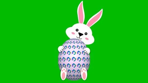 White bunny with decorated easter egg and smiley face on green screen. Stock Illustration