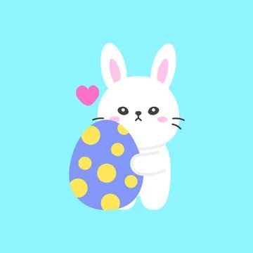 White Bunny Holding a Blue Easter Egg with Yellow Polka Dots and a Heart Stock-Illustration
