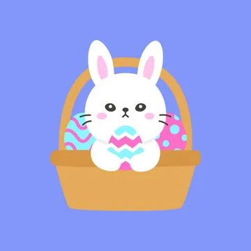 White Bunny Holding Decorated Easter Egg While Sitting in Basket with Color.. Stock Illustration