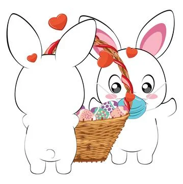 White Bunny in mask with Easter eggs Stockillustratie