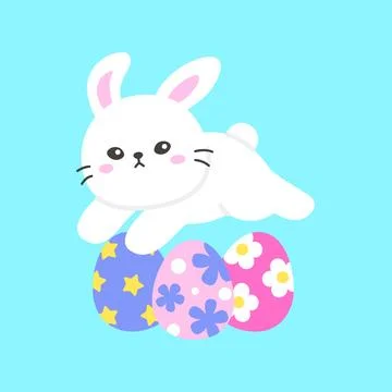 White Bunny Resting on Large Patterned Easter Eggs イラスト素材
