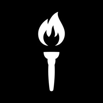 White burning torch silhouette on black background. Minimalist flat vector flame Stock Illustration