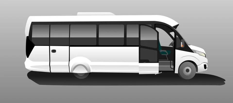 White Bus with an open door, Side view. Tourist bus. Sightseeing bus. Modern Stock Illustration