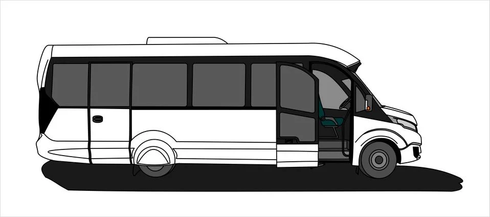 White Bus with an open door, Side view. Tourist bus. Sightseeing bus. Modern  Stock Illustration