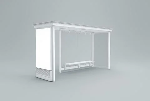 White Bus Stop on a Gray Studio Background. Monochrome. 3D render. Illustrazione stock