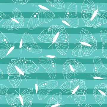 White butterfly outline seamless pattern on green stripes background Stock Illustration