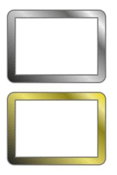 White button. Square icon with metal chrome and gold frame. Vector illustrati Illustrazione stock
