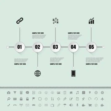 White buttons timeline with set of icons Illustrazione stock